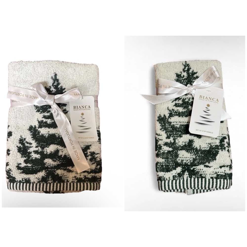 Bianca 4 Pc Towels Set: 2 Hand 2 Tip Towels Christmas Tree Holiday Portugal Made